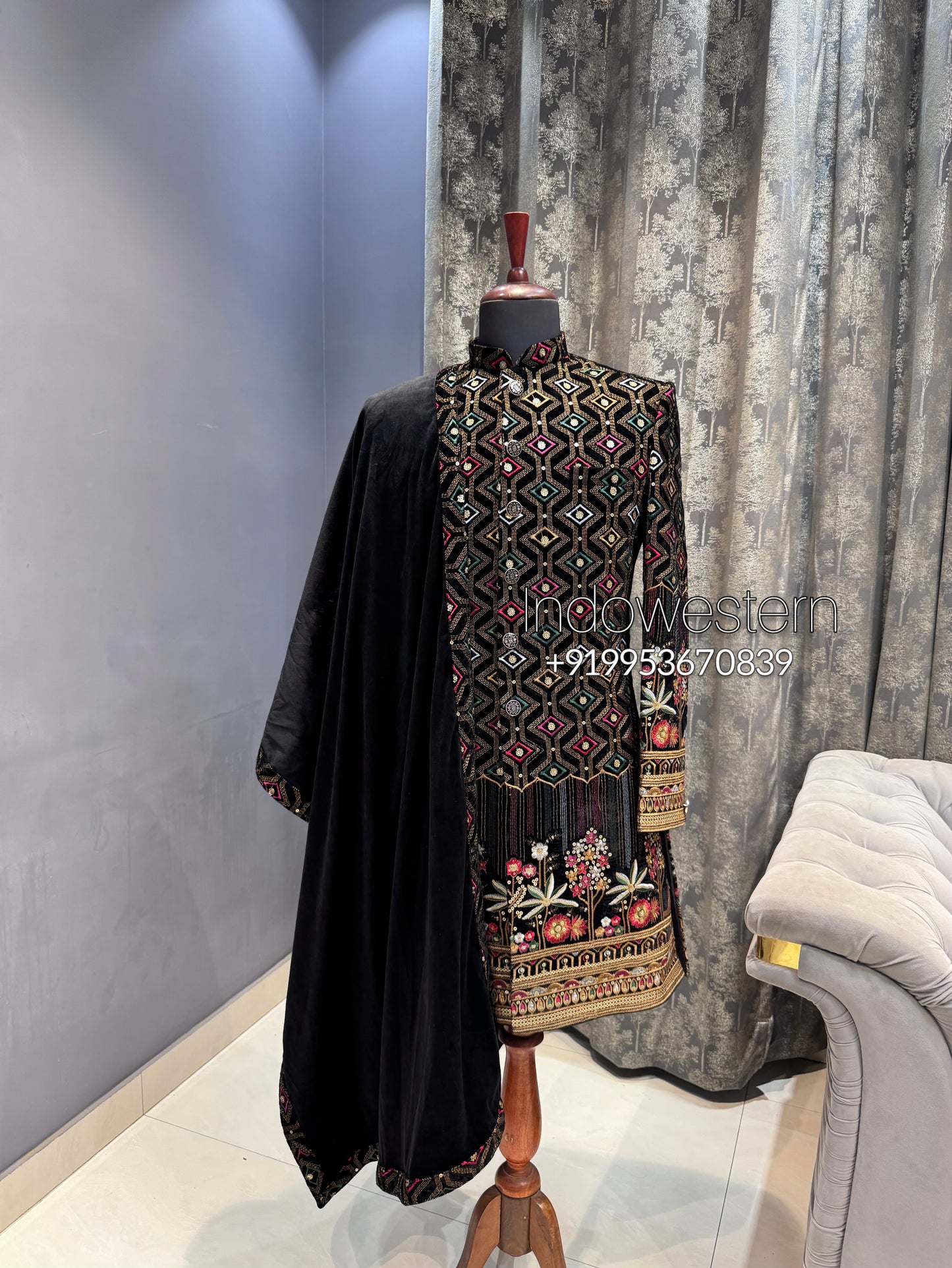 Black virat kohli type achkan indo with shawl