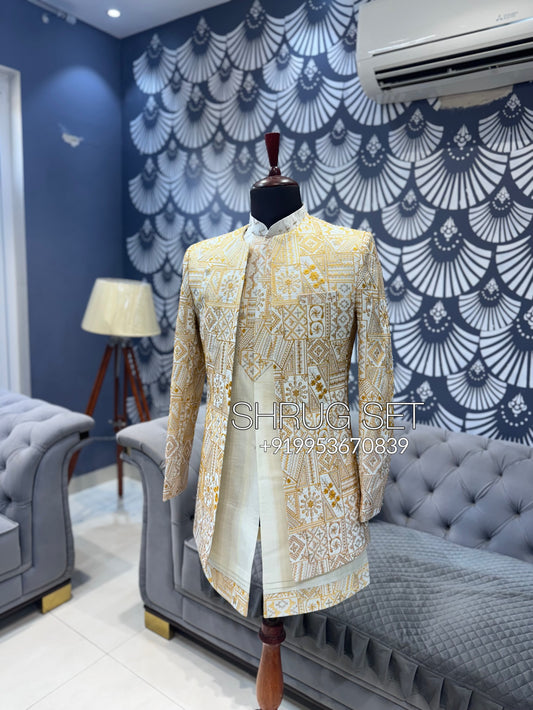 Yellow shrug set indowestern achkan for Indian wedding