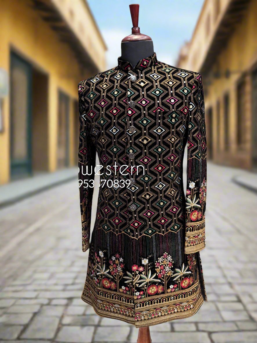 Black virat kohli type achkan indo with shawl