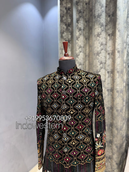 Black virat kohli type achkan indo with shawl