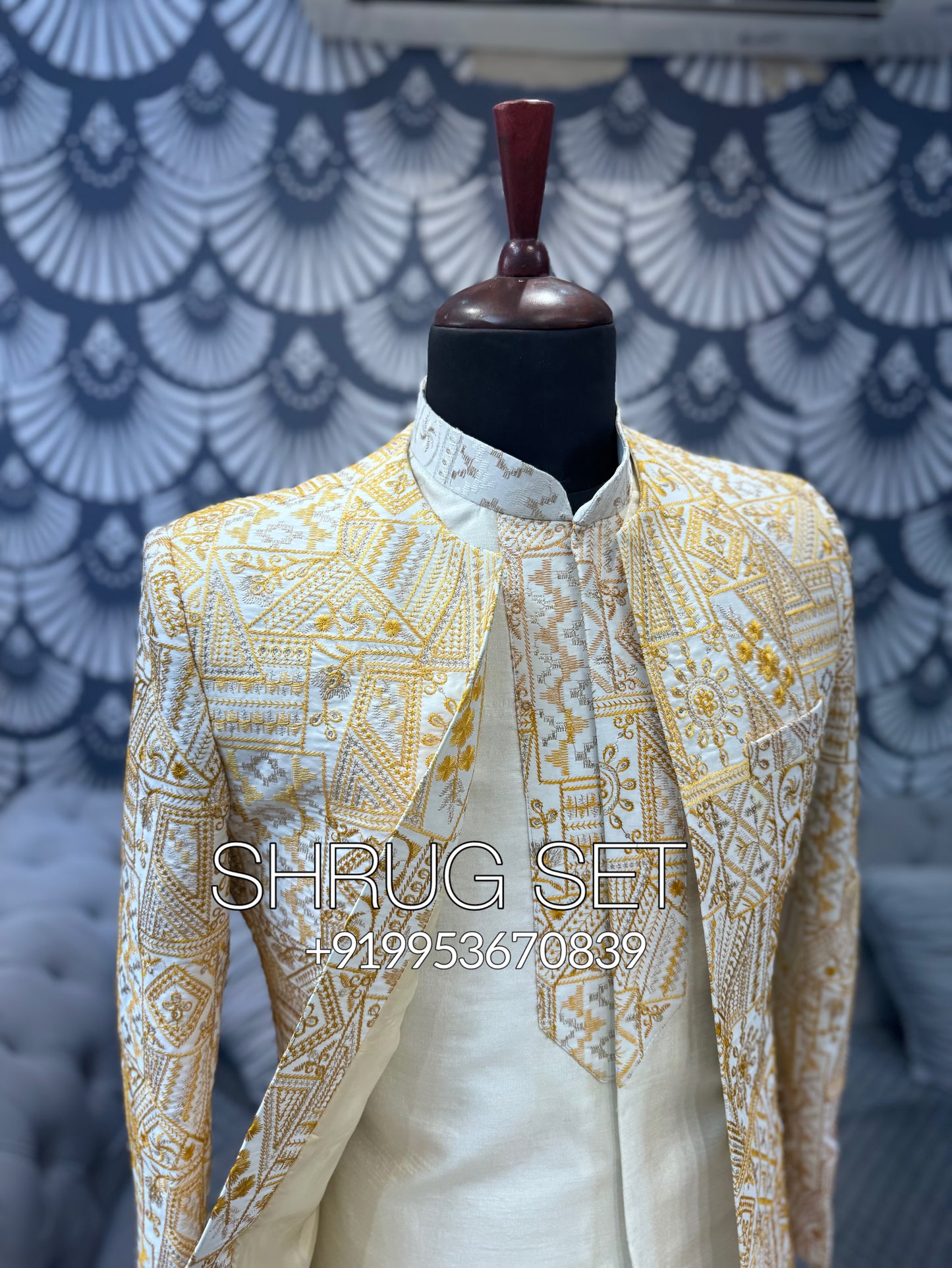 Yellow shrug set indowestern achkan for Indian wedding