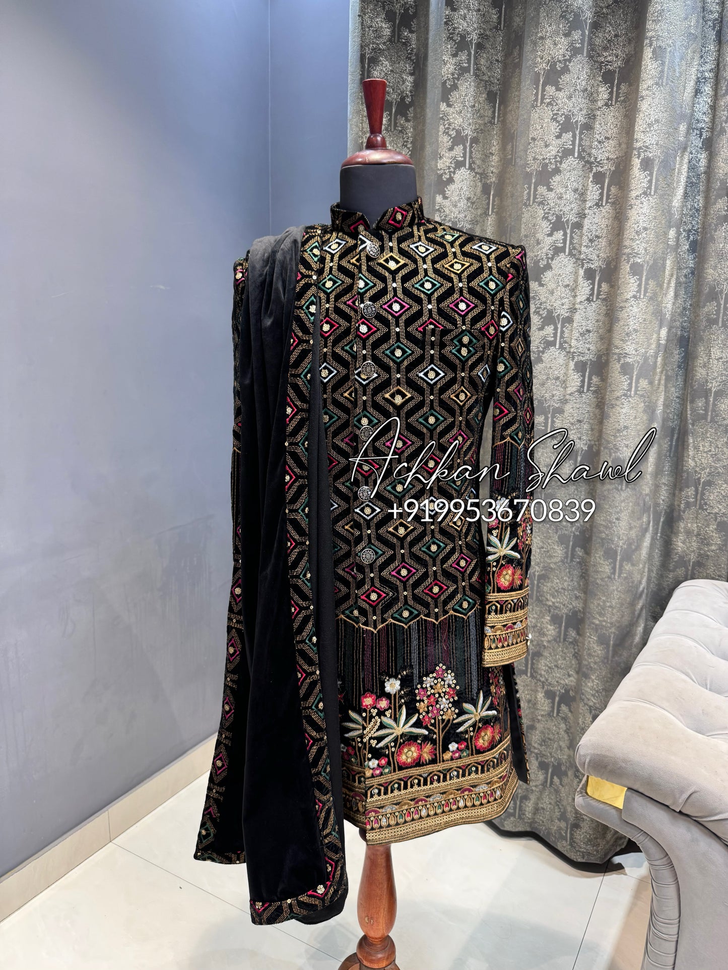 Black virat kohli type achkan indo with shawl