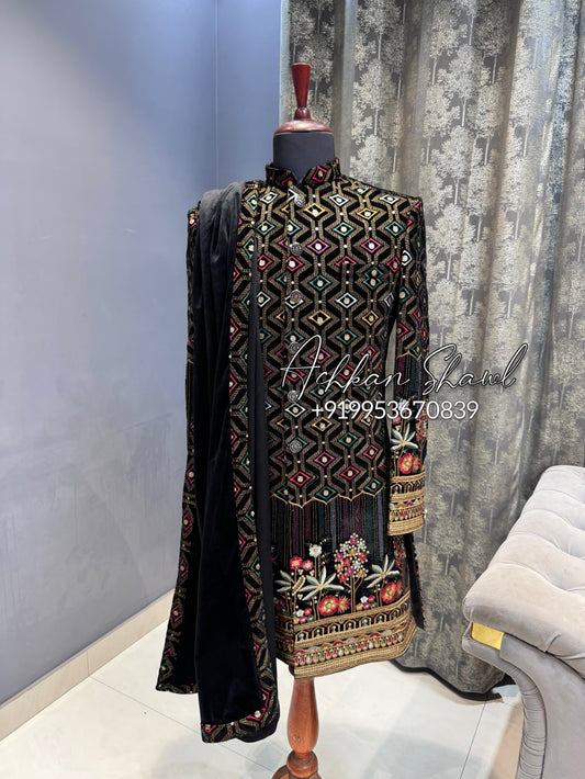Black virat kohli type achkan indo with shawl