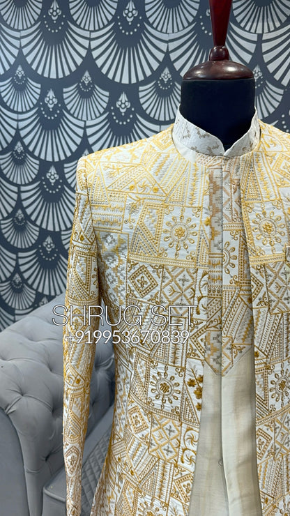 Yellow shrug set indowestern achkan for Indian wedding